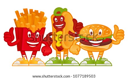 Good set of tasty cute cartoon character street food. Classical hot-dog, french fries in red box, American fat hamburger Menu for cafe bar fast food. Modern vector illustration for kids.