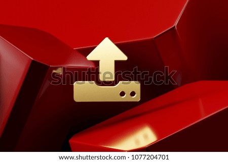 Golden Upload Icon With the Red Luxury Boxes. 3D Illustration of Lux Golden Document, File, Raw, Simple Icon Set on the Red Geometric Background.