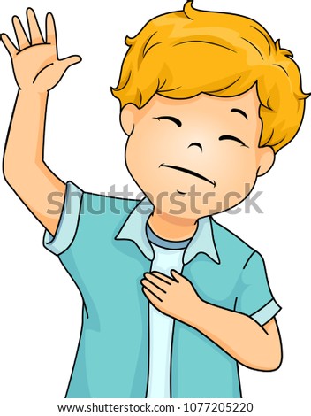 Illustration of a Kid Boy With One Hand Up and Another on His Heart In Praise