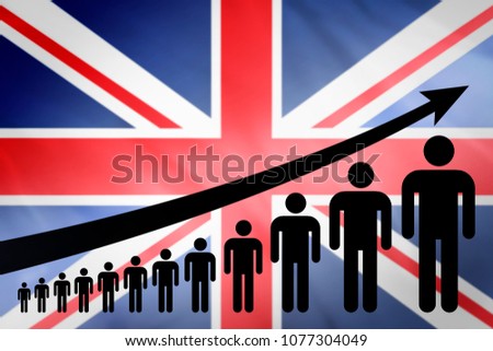 Graph of population growth on the background of the flag UK United Kingdom Great Britain