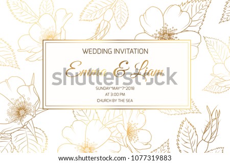 Wedding marriage event invitation card template. Wild rose rosa canina dog rose garden flowers. Detailed outline drawing. Rectangular border frame with text placeholder. Luxury bright shiny golden. Royalty-Free Stock Photo #1077319883