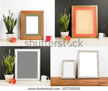 Frame mockup with plant pot, apple and mug. Empty frame mock up for presentation design. Template framing for modern art.