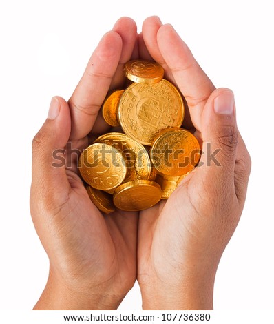 Hands with coins on white background