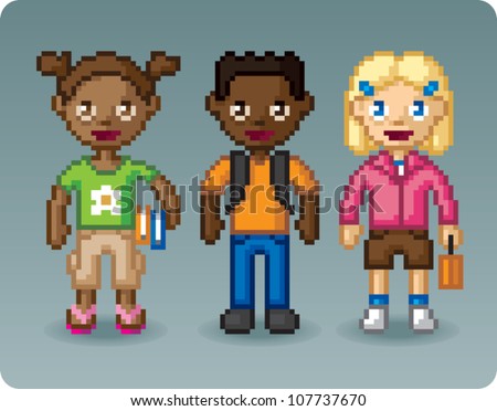 Pixel art illustration of three elementary school students of mixed genders and ethnic backgrounds, one wearing a backpack, one holding books, and one holding a lunchbox.