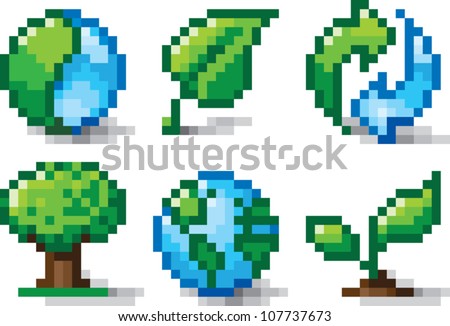 Pixel art illustration of various icons relating to nature and environmental conservation. Isolated on white.