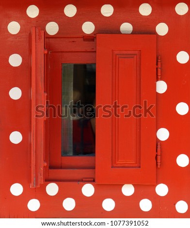 A wooden window with a ladybug, with reflection, Drvengrad, Serbia