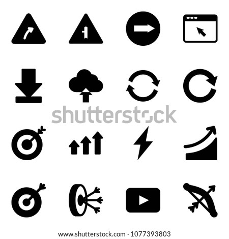Solid vector icon set - turn right vector road sign, intersection, only, cursor browser, download, upload cloud, refresh, reload, target, arrows up, lightning, rise, solution, playback, bow