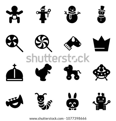 Solid vector icon set - baby vector, santa claus, snowman, lollipop, dog, crown, dinosaur toy, wheel horse, ufo, horn, caterpillar, rabbit, robot
