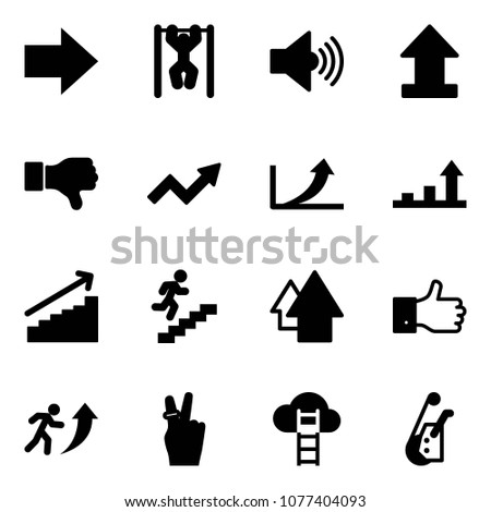 Solid vector icon set - right arrow vector, pull ups, volume max, uplooad, dislike, growth, career, up, finger, victory, cloud ladder, winch