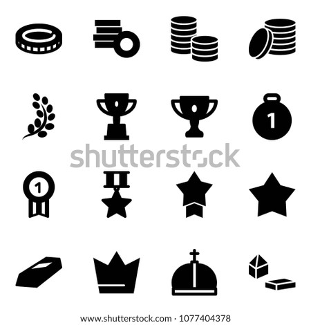 Solid vector icon set - coin vector, golden branch, win cup, gold, medal, star, crown, constructor blocks