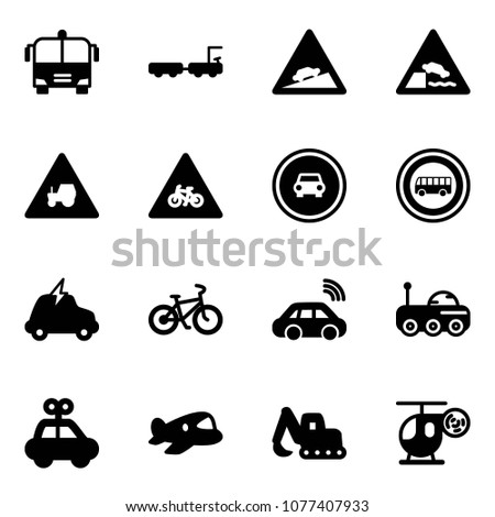 Solid vector icon set - airport bus vector, baggage truck, climb road sign, embankment, tractor way, for moto, no car, electric, bike, wireless, moon rover, toy, plane, excavator, helicopter