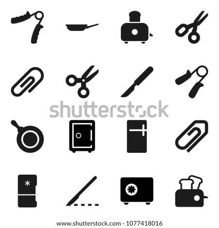 Flat vector icon set - pan vector, toaster, scissors, safe, hand trainer, scalpel, attachment, fridge