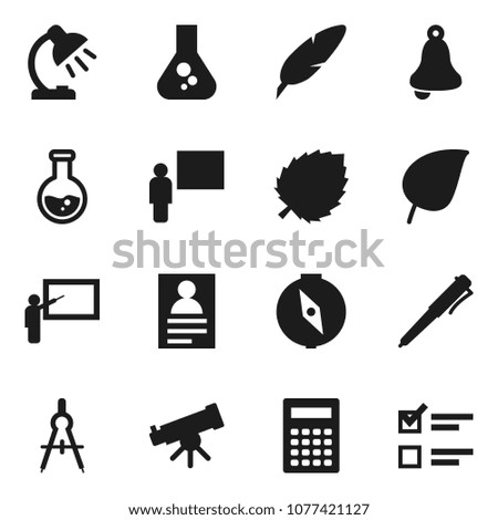 Flat vector icon set - pen vector, blackboard, drawing compass, telescope, bell, table lamp, calculator, personal information, flask, leaf, exam