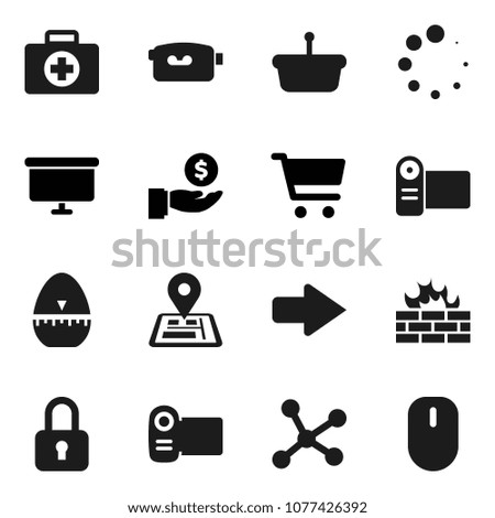 Flat vector icon set - cook timer vector, cart, investment, presentation board, first aid kit, navigator, video camera, network, firewall, arrow, loading, basket, lock, mouse