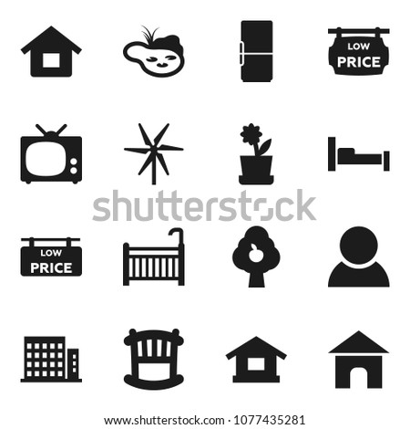 Flat vector icon set - house vector, pond, windmill, fruit tree, low price signboard, apartments, consumer, crib, fridge, tv, flower in pot, home