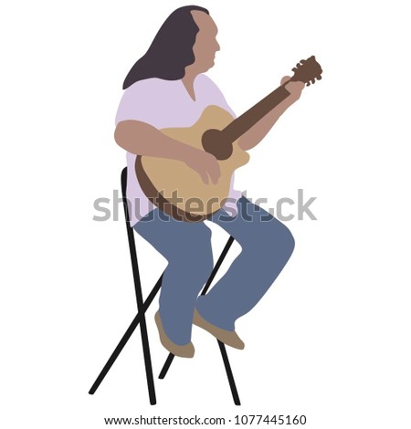 Music man sitting on the chair with guitar. Guitarist vector silhouette illustration., guitar player.