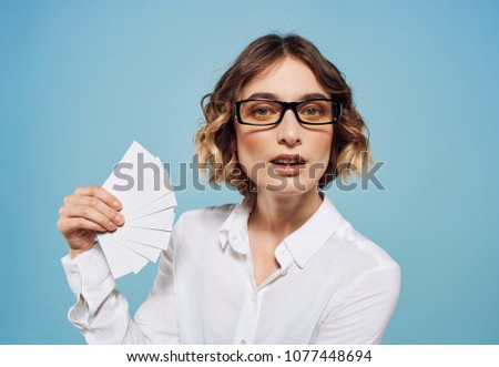 woman with business cards, financial company, place of copying                               