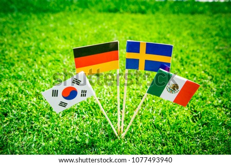 Group F - Germany, Mexico, Sweden, Korea Republic, South Korea - National Flags on green grass on football stadium Royalty-Free Stock Photo #1077493940