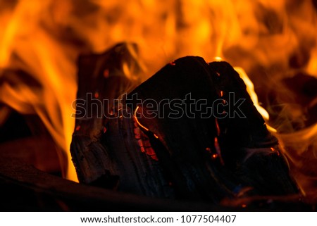 Ignite the fire. Warming up the cold winter nights. A macro shot of firewood, white dust and hot, glowing coal. Burning branches and wood. Flames in the fireplace, cozy home, warmth, love, romantic 