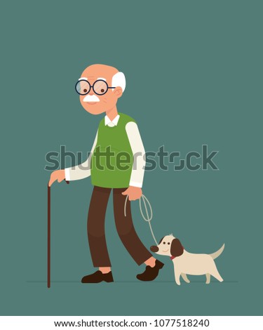 vector illustration an old man or elderly person walking with his little dog
