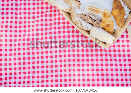 Picnic wicker basket with food, bread, fruit and orange juice on a red and white checked cloth in the field with green nature background. Picnic concept.