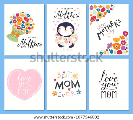 Set of Mothers Day cards templates with hand written lettering quotes, cute penguin with a bunch of flowers, hearts, childish drawings. Vector illustration. Design concept banner, postcard, gift tag.