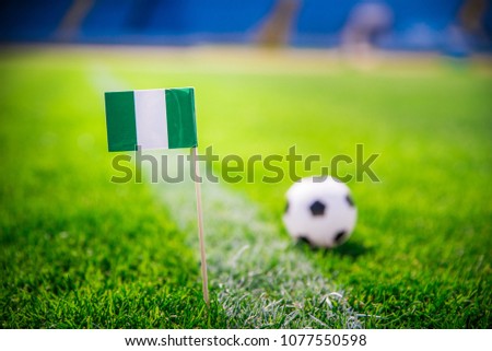 Nigeria national Flag and football ball on green grass. Fans, support photo, edit space. 
