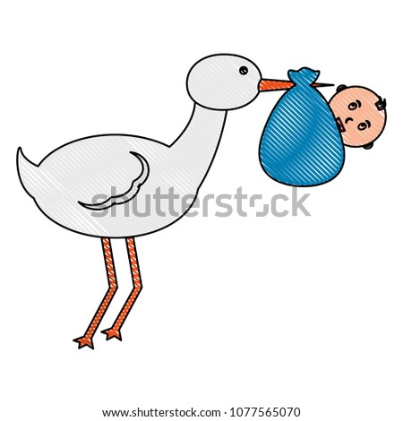 cute stork carrying baby in blanket