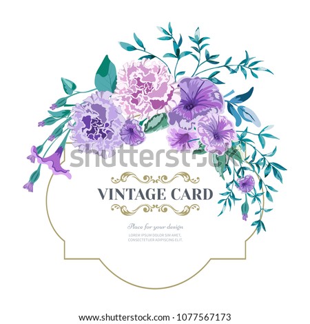 Vector floral background.Wedding card with frame. Flowers botanical drawing in watercolor style. Floral bunch Petunia, peony pink Rose purple, lilac, leaves,greenery.