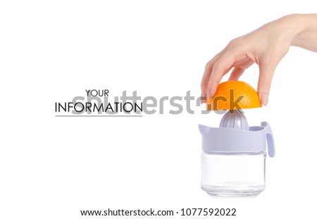 Juicer orange juice in hands pattern on white background isolation