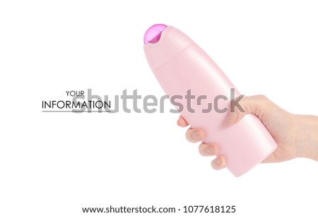 Shower gel in pink plastic bottle in hand pattern isolated on a white background. Body care cream, lotion