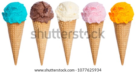 Collection of ice cream scoop sundae cone in a row icecream isolated on a white background