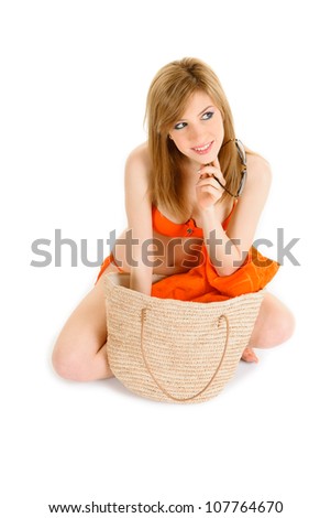 young woman in orange bikini sitting, walking, relaxing various expression series