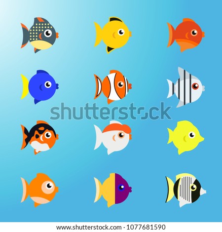 Simple vector illustration. Set of cute bright sea or aquarium tropical fish. Isolated on blue background. Flat design