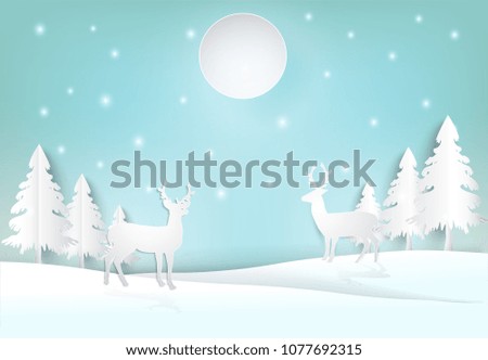 Winter holiday deer with snow and blue sky background. Christmas season paper art style illustration.