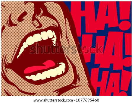 Pop art style comics panel mouth of man laughing out loud comedy lol vector illustration Royalty-Free Stock Photo #1077695468