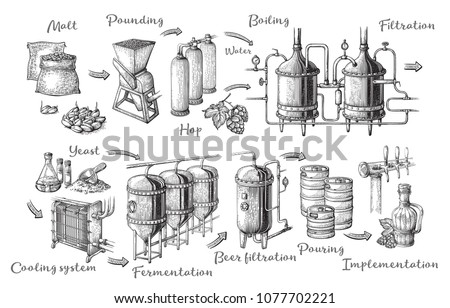 Vector beer infographics with illustrations of brewery process. Ale producing design. Hand sketched lager production scheme. Royalty-Free Stock Photo #1077702221