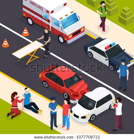 Emergency team isometric composition showing car accident with watchers paramedics providing first aid policeman interviewing witnesses vector illustration Royalty-Free Stock Photo #1077708722
