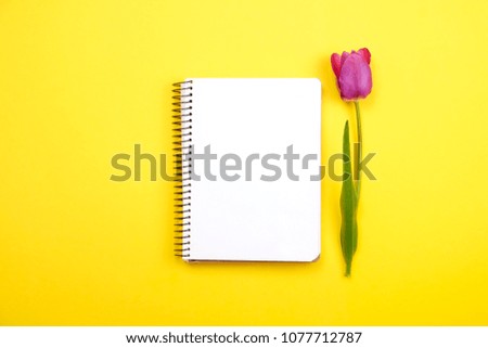 Feminine desktop composition with blank sheet notebook, coffee cup latte art, tulips bouquet on yellow background. Girlie workplace, flowers for mother's day. Top view, flat lay, close up, copy space.