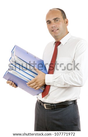 employee holding blue folders on white background