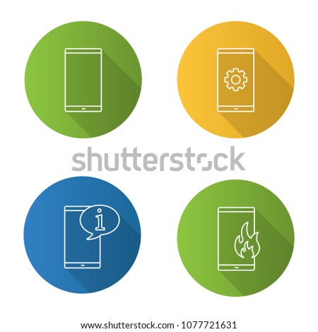Phone communication flat linear long shadow icons set. Smartphone, cell phone settings, info chat, fire emergency calling. Vector outline illustration
