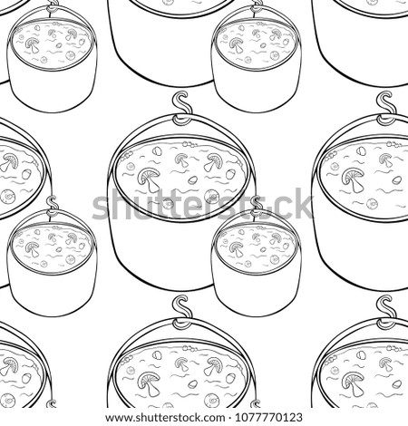 coloring seamless pattern pot of soup with mushrooms for hiking on nature  vector illustration
