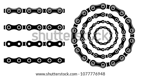 Monochrome set different type of metal motorcycle chains in silhouette style. Seamless shape, for graphic design of logo, emblem, symbol, sign, badge, label, stamp, isolated on white background.