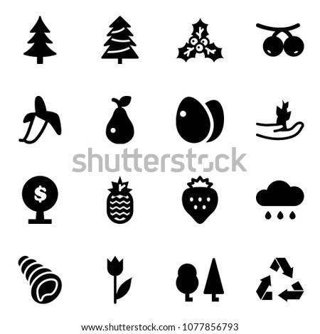 Solid vector icon set - christmas tree vector, holly, rowanberry, banana, pear, eggs, hand sproute, money, pineapple, strawberry, rain cloud, shell, tulip, forest, recycling