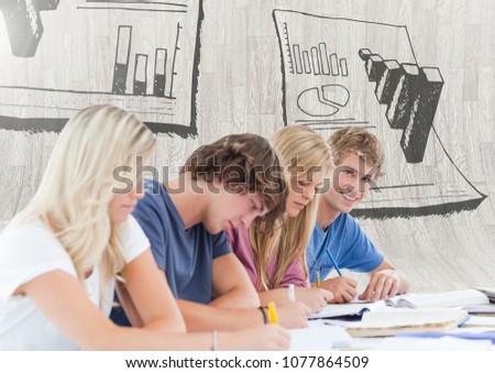 Group of students sitting in front of statistic research charts graphics