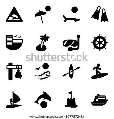 Solid vector icon set - embankment vector road sign, beach, lounger, flippers, hotel, palm, diving, hand wheel, ship bell, waves, kayak, surfing, windsurfing, dolphin, sand castle, cruiser
