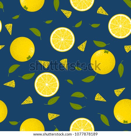 Seamless Pattern with Lemons. Fresh Citrus Fruit Background with Green Petals. Stylized Slice and Flesh of Lemons. Seamless Pattern with Vector Lemons for Tablecloth, Paper, Fabric, Textile.