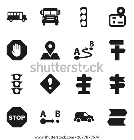Flat vector icon set - school bus vector, signpost, navigator, map pin, traffic light, car, route, attention sign, stop