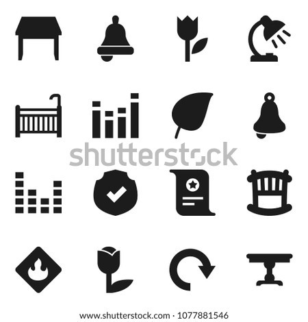 Flat vector icon set - bell vector, table lamp, certificate, leaf, tulip, protected, flammable, equalizer, redo, crib