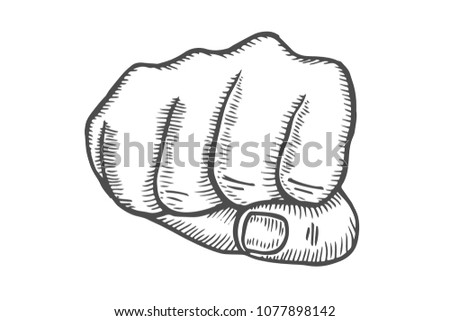 Hand gesture Fist. Engraved style vector illustration, Linear vintage style sun rays background. Template for your design works.